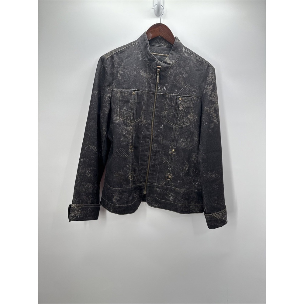 Coldwater Creek Womens Jacket 12 Black Denim Floral Full Zip Stretch Full Zip